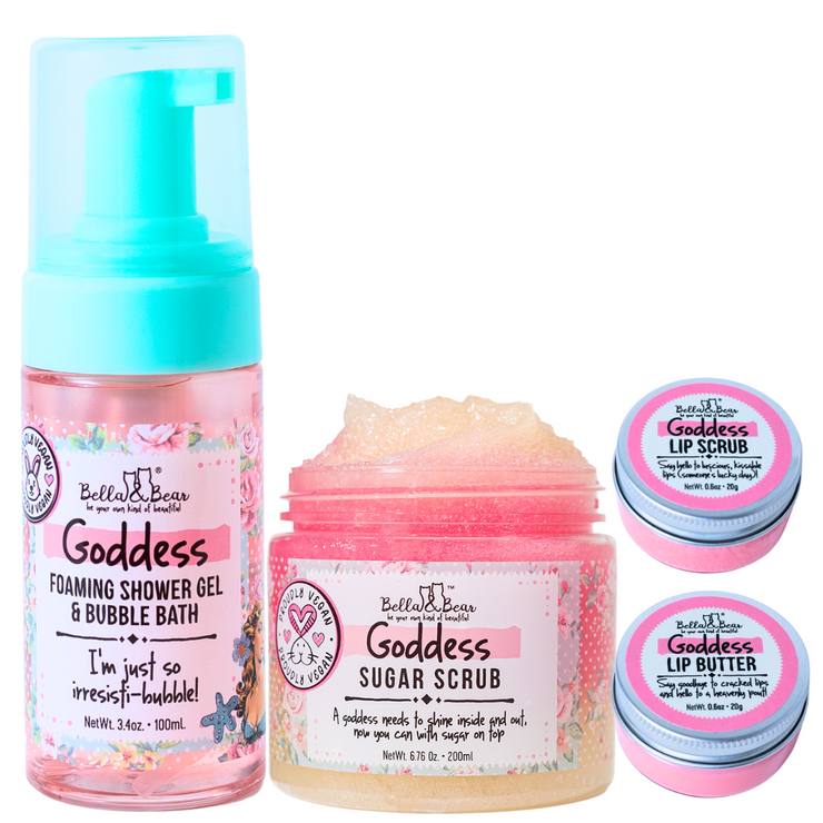 Goddess Tropical Scented 2 in 1 Foaming Shower Gel & Bubble Bath, Lip Care Set, & Moisturizing Exfoliating Body Scrub Gift Set x 6