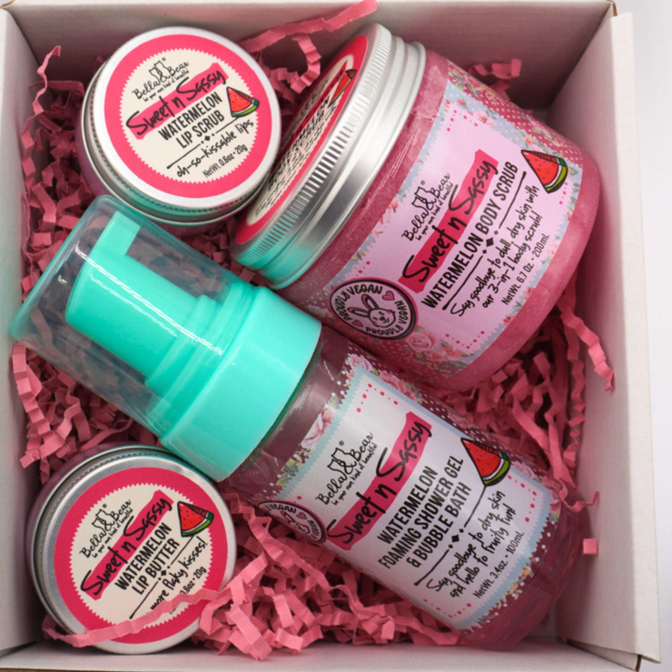 Sweet 'n' Sassy Watermelon Gift Set Foaming Body Wash & Bubble Bath, Body Scrub, Lip Butter & Lip Scrub x 6