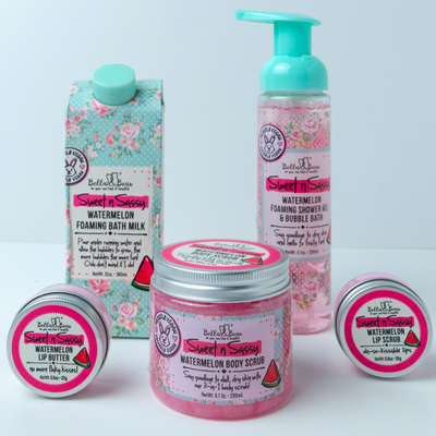 Sweet 'n' Sassy Watermelon Gift Set with Foaming Shower Gel & Bubble Bath, Foaming Bath Milk, Body Scrub, Lip Butter & Lip Scrub x 6