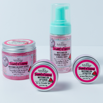 Sweet 'n' Sassy Watermelon Gift Set Foaming Body Wash & Bubble Bath, Body Scrub, Lip Butter & Lip Scrub x 6