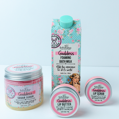 Goddess Tropical Scented Foaming Bath Milk, Moisturizing Sugar Scrub & Lip Care Set – Vegan Friendly, Cruelty-Free Bath Gift Set x 6