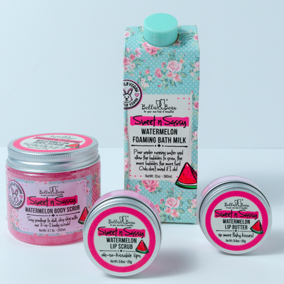 Sweet 'n' Sassy Watermelon Gift Set with Foaming Bath Milk, Sugar Scrub, LIp Scrub and Lip Butter x 6