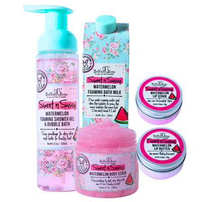 Sweet 'n' Sassy Watermelon Gift Set with Foaming Shower Gel & Bubble Bath, Foaming Bath Milk, Body Scrub, Lip Butter & Lip Scrub x 6