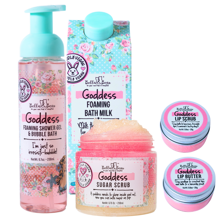 Goddess Gift Set with 2 in 1 Foaming Shower Gel & Bubble Bath, Foaming Bath Milk, Body Scrub & Lip Care Set – Tropical Scent x 6