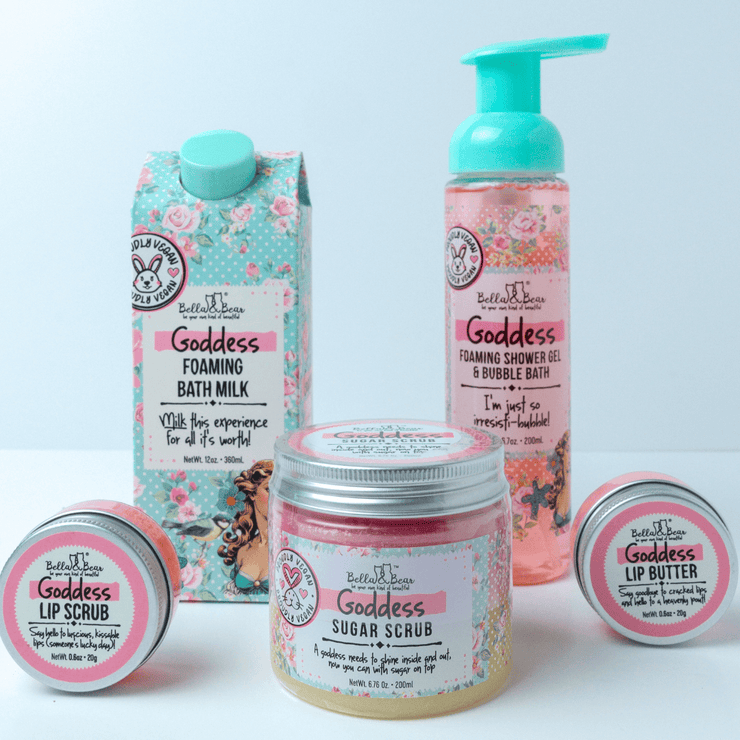 Bella and Bear Bath & Body Care Goddess Gift Set with 2 in 1 Foaming Shower Gel & Bubble Bath, Foaming Bath Milk, Body Scrub & Lip Care Set – Tropical Scent x 6