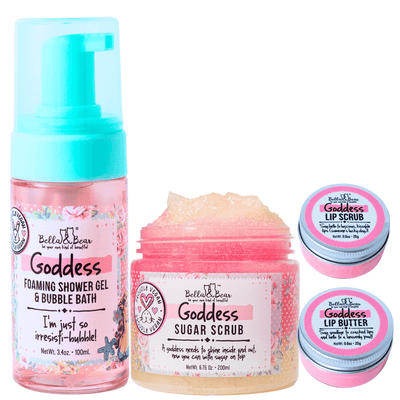 Bella and Bear Bath & Body Care Goddess Tropical Scented 2 in 1 Foaming Shower Gel & Bubble Bath, Lip Care Set, & Moisturizing Exfoliating Body Scrub Gift Set x 6