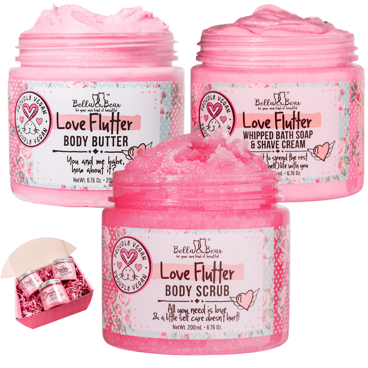 Bella and Bear Bath & Body Care Love Flutter Gift Set | Body Scrub | Bath Soap | Body Butter - Valentines Gift Set x6