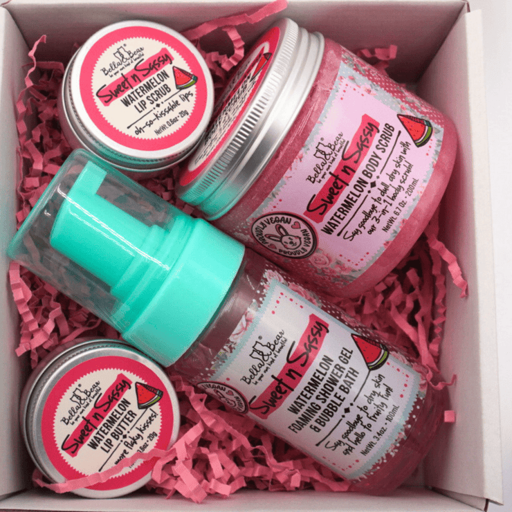 Bella and Bear Bath & Body Care Sweet 'n' Sassy Watermelon Gift Set Foaming Body Wash & Bubble Bath, Body Scrub, Lip Butter & Lip Scrub x 6