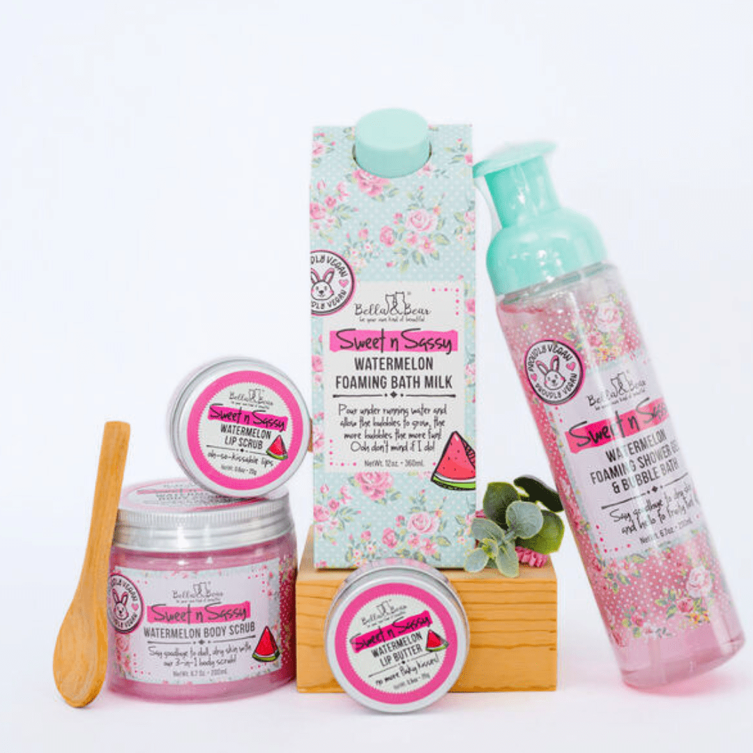 Bella and Bear Bath & Body Care Sweet 'n' Sassy Watermelon Gift Set with Foaming Shower Gel & Bubble Bath, Foaming Bath Milk, Body Scrub, Lip Butter & Lip Scrub