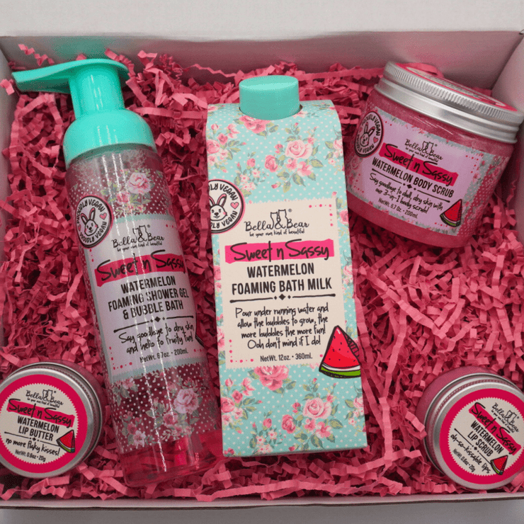 Bella and Bear Bath & Body Care Sweet 'n' Sassy Watermelon Gift Set with Foaming Shower Gel & Bubble Bath, Foaming Bath Milk, Body Scrub, Lip Butter & Lip Scrub x 6