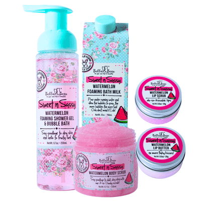 Bella and Bear Bath & Body Care Sweet 'n' Sassy Watermelon Gift Set with Foaming Shower Gel & Bubble Bath, Foaming Bath Milk, Body Scrub, Lip Butter & Lip Scrub x 6